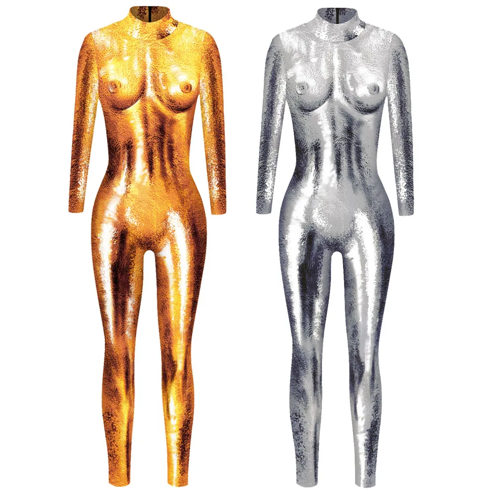 

Halloween Gold Silver Stripe Pattern Shiny Glitter Bodysuit Bodycon Long Sleeve Tight Cosplay Costume Jumpsuit Adult Carnival