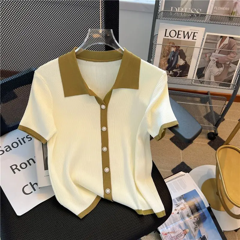 

Women Polo Collar Ice Silk T-shirts Female Knit Short Sleeve Loose Casual Blouse Thin Solid Tees Tops for Summer Ladies Top Q416