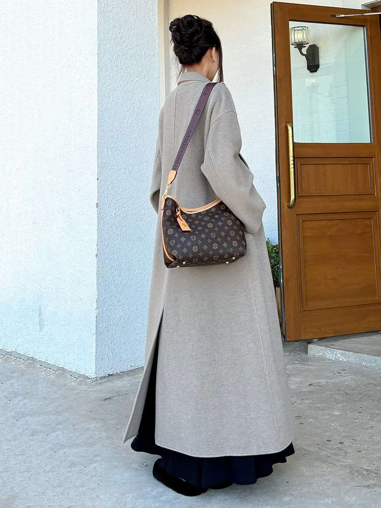 New Women Simplify Long Wool Blends Coat Autumn Winter Fashion Suit Collar Double Breasted Casual Daily Mocha gray Wool Overcoat