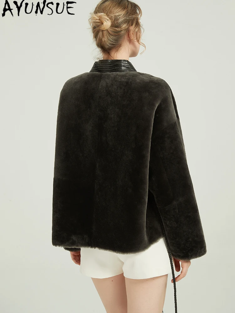 AYUNSUE 天然羊皮毛皮コート女性冬服レースアップ本革ジャケット女性コートの新作暖かい Шуба Женская