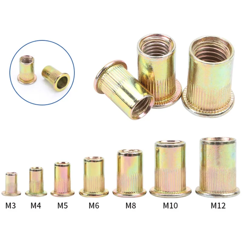 5/10/20/50pcs Flat Head Rivet Nut Binding Insert Nut Rivnut Nutsert M3 M4 M5 M6 M8 M10 M12 Carbon Steel - Color Zinc Plated