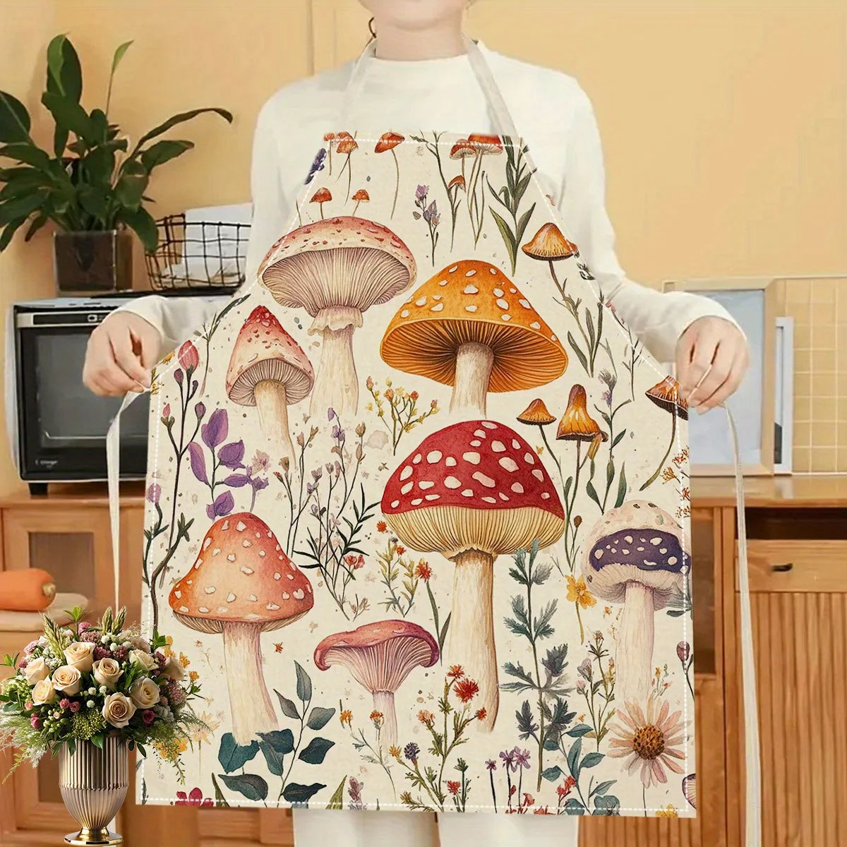 1pc of a 2D Flat Mushroom Forest Print Kitchen Apron for Women Nature Design Cooking Baking Gardening Gift for Her