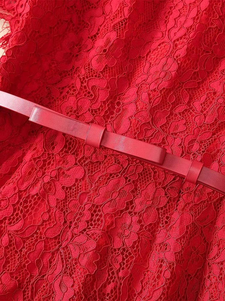 DSXDFACAIRIJ – robe Vintage en dentelle pour femmes, couleur unie, col rond avec diamants, manches courtes, ceintures, robes d'été à la mode