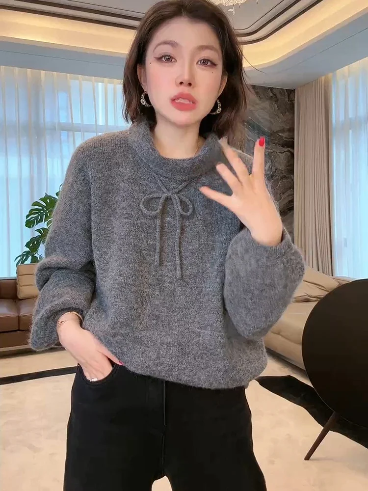 

High Ne Knitted Sweater with Knot Double Color Wool Blend MEQA377 Autumn Winter Women's Loose Fit Knitwear