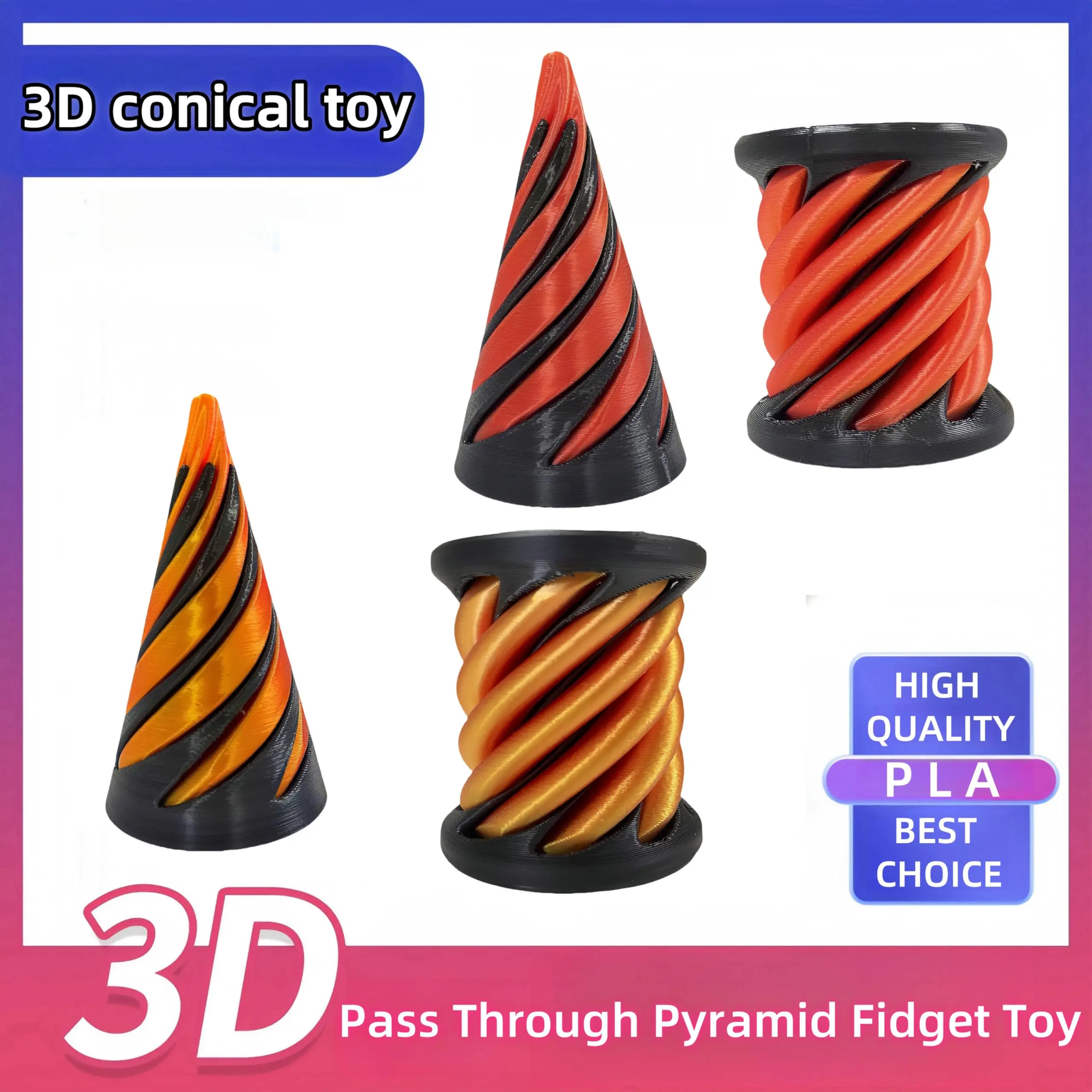 Escultura de passagem de pirâmide impossível de 2 pces, brinquedo de inquietação de cone espiral, brinquedo de inquietação de pirâmide de passagem 3d através, cone impossível para crianças