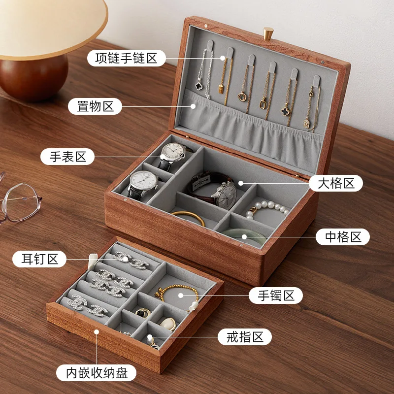 

Ящик для хранения ювелирных изделий из орехового дерева, роскошный пылезащитный органайзер большой емкости для ювелирных изделий, ожерелья, сережек, ящик для хранения ювелирных изделий