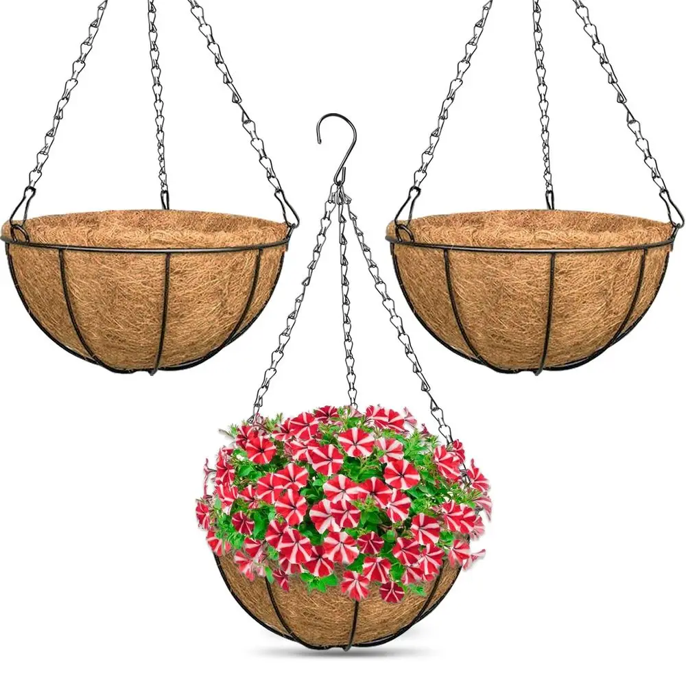 

Набор из 3 подвесных корзин для растений, 14 дюймов, для улицы и дома, металлические подвесные кашпо с сменными вкладышами из кокосового волокна, декор
