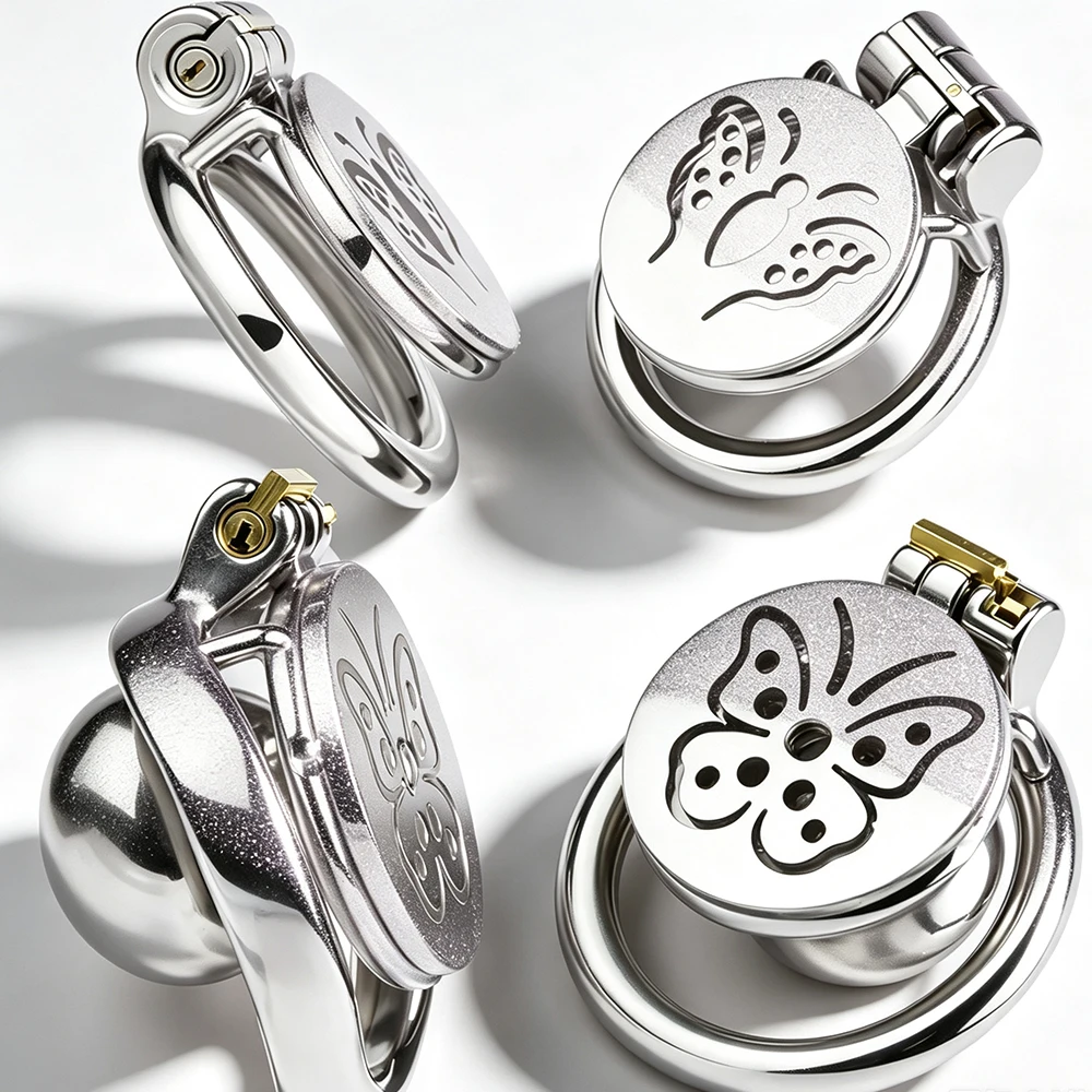FRKO Butterfly Printing Art Sissy Flat Inverted Chastity Cage Device Stainless Steel Anti-Cheating Lockcock Cage Sex Toys Men 18