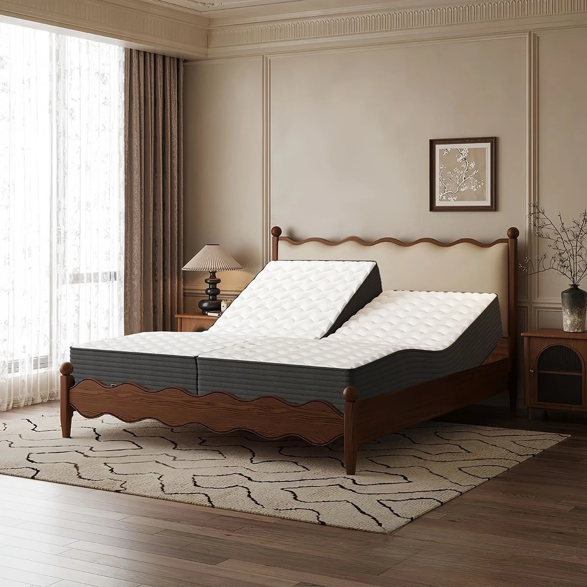 Smart control electric bed, French vintage fabric solid wood frame bed, white ash wood master bed, American-style new double bed