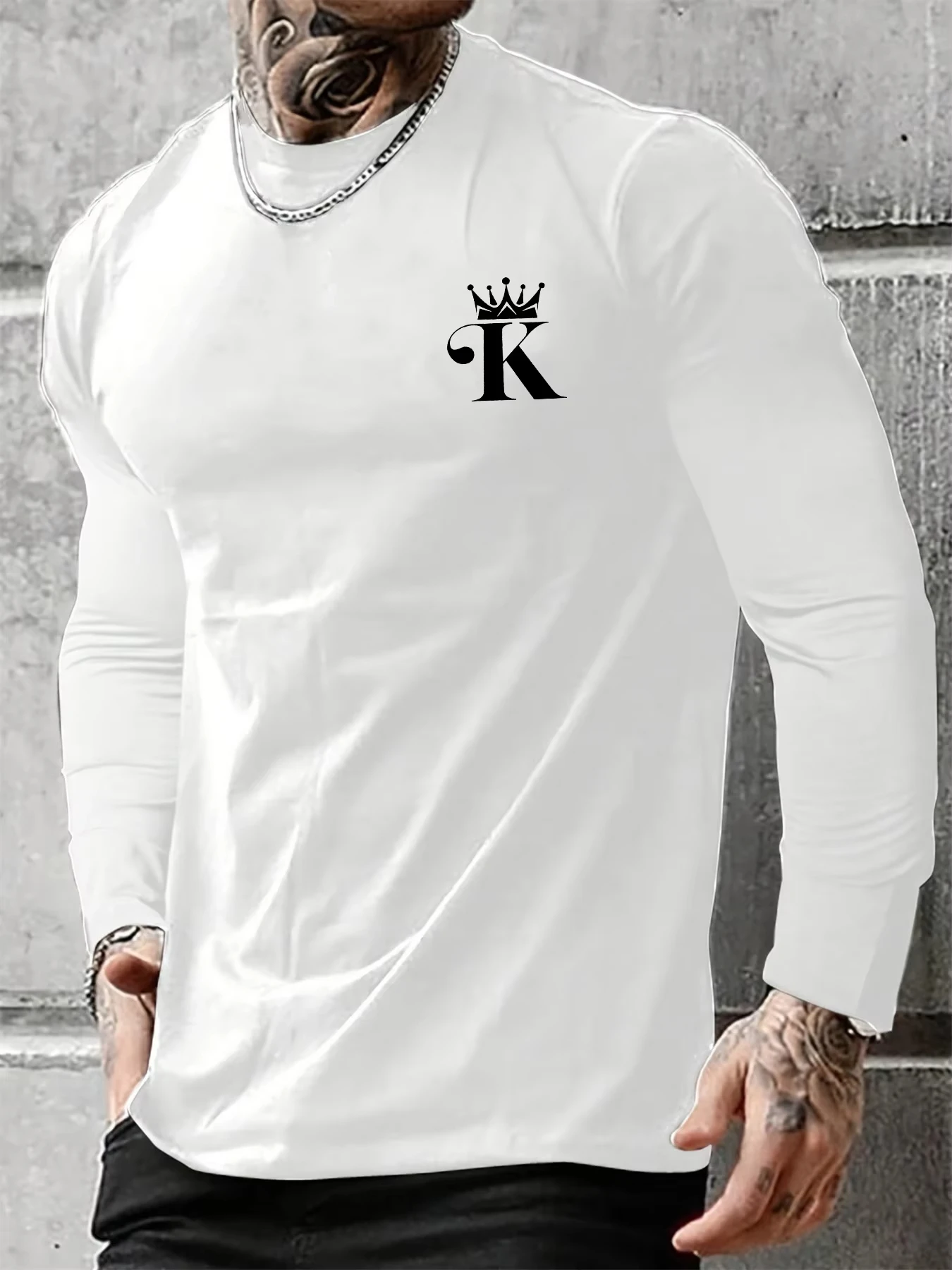 

2026 Новая модная мужская футболка с длинным рукавом с буквенным принтом KIng, осенние однотонные футболки с круглым вырезом, повседневные спортивные свободные топы большого размера