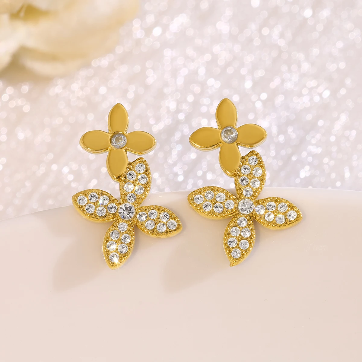 WILD & FREE Vintage Luxury Crystal Flower Stainless Steel Stud Earrings for Women 18K Gold Plated Chic Waterproof Jewelry