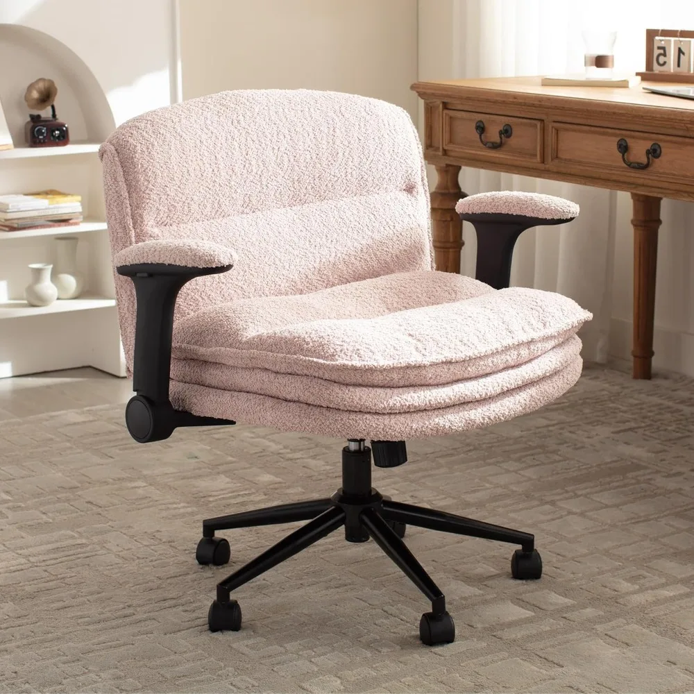 

Comfort Ergonomic Office Desk Armchair with 3 Layer Cushions, Wide Seat Vanity Chair for Home Office, Living Room, Bedroom, Pink
