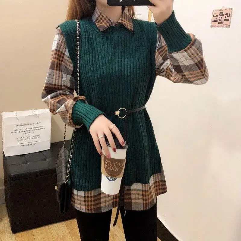 Fashion Lapel Spliced Knitted Fake Two Pie Lattice Shirt Women Clothing 2022 Autumn All-match Casual Tops Loose Korean Blouse