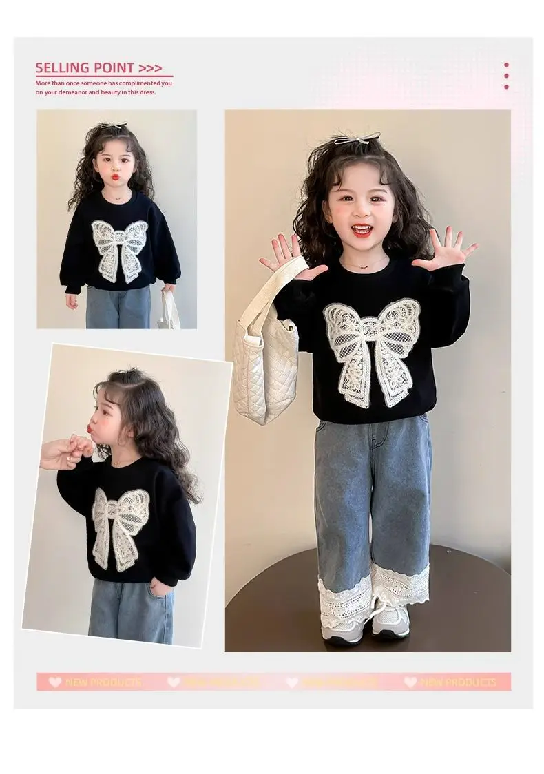 Kleinkind Mädchen Sweatshirt mit Großer Spitze und Schleife Lässiger Baumwoll-Pullover mit Punkten für Kleinkinder Rundhals Langarm Oberteil Kinderkleidung – Detail 16