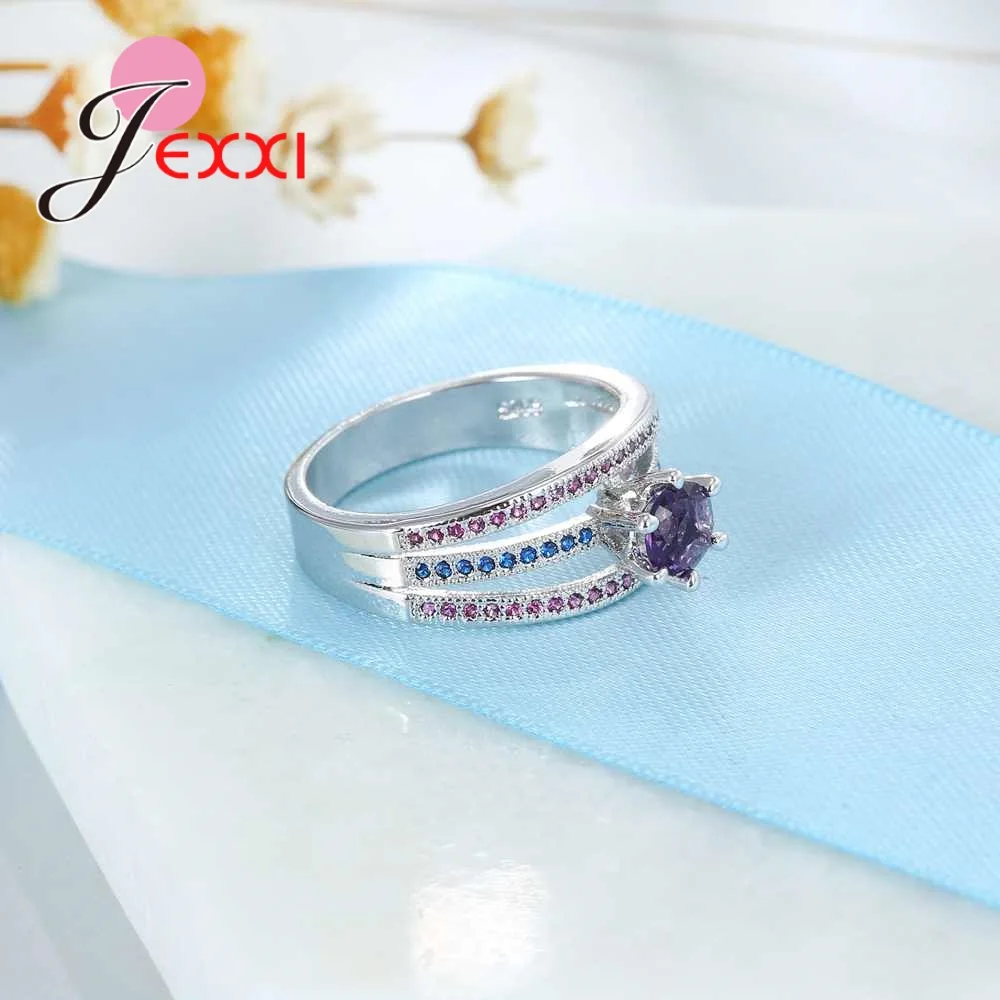 Anillos clásicos de Plata de Ley 925 con cristales coloridos y diamantes de imitación, joyería de circonia cúbica púrpura para mujer, boda, San Valentín