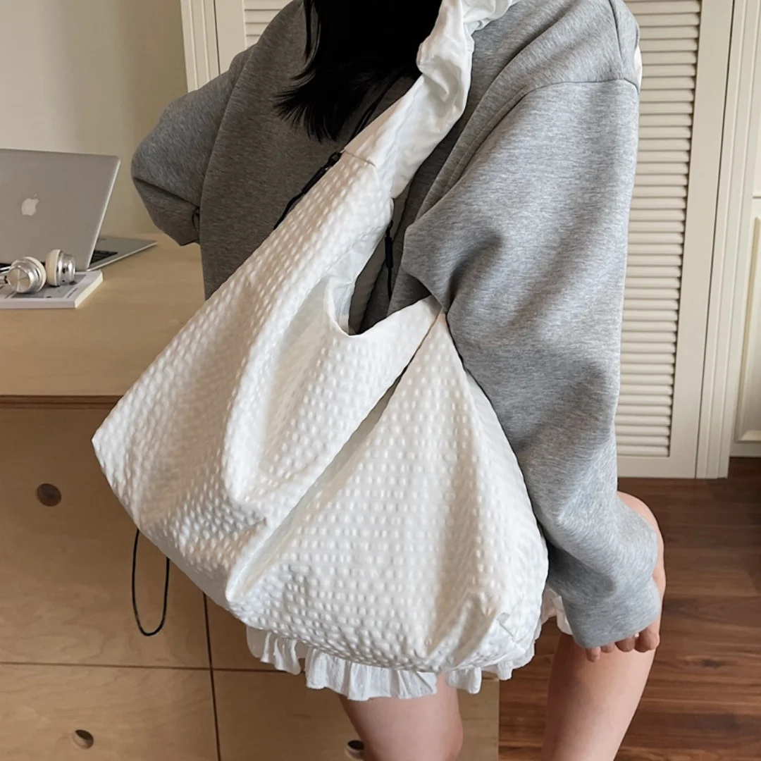 Korean Waffle Texture Tote Bag with Ruched Strap for Women Girls College Student School Book Large Zipper Shoulder Handbag