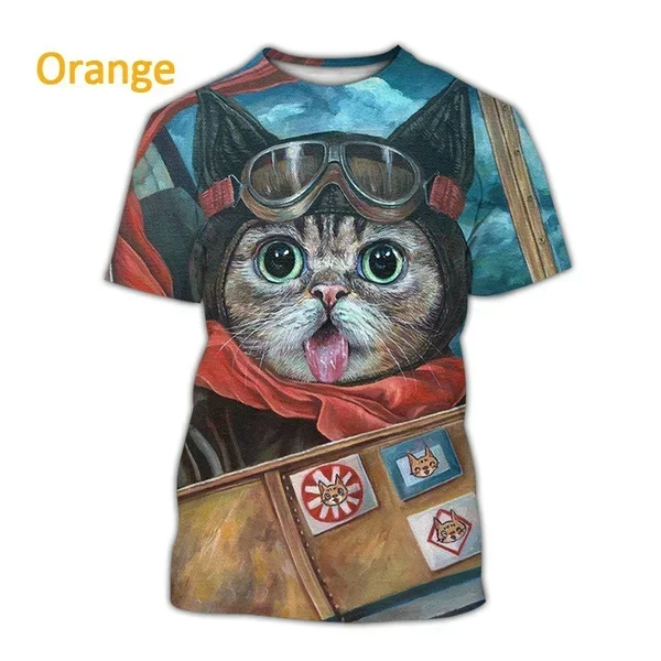 Summer Fashion Funny Street Style Pullover Cute Cat T-shirt Casual Creative 3D Printing Animal T-shirt Unisex Round Neck T-shirt