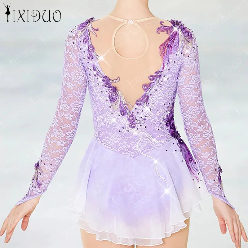 Rhinestone Ballet Gymnastics Leotard Dress Kids Girls Long Sleeve Mesh Splice Figure Ice Skating Dress Performance Dance Costume