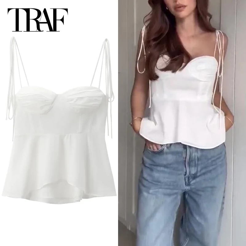 TRAF Corset Cropped Top Fashion Woman White Backless Tube Top 2024 Summer Elegant Strappy Sleeve Sexy Strap Vests All-Match Tops