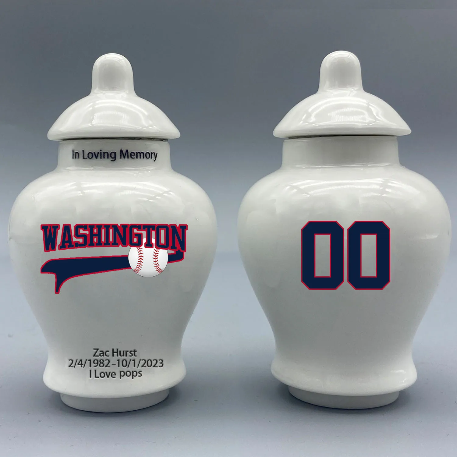 Mini Urn for Washington Nationals-Baseball themed.Please send me the customization information - name/date and number on the urn