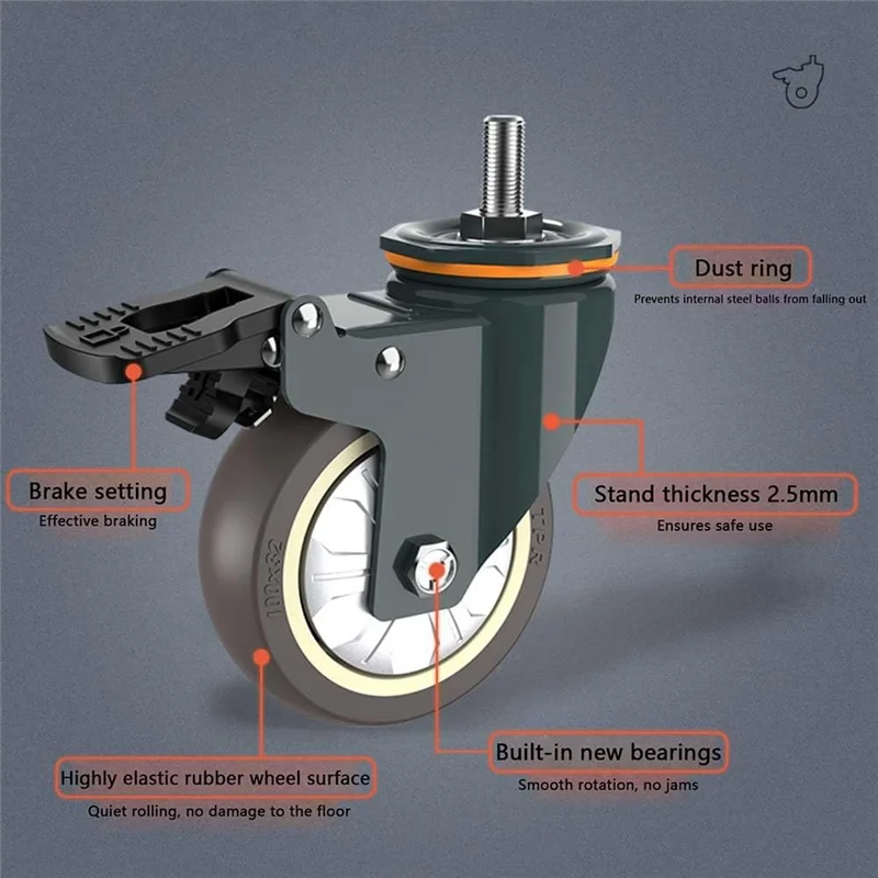 

Caster Wheels,4 PCS M16 Thread Heavy Duty With Brake Universal 360° Swivel Nature Trolley Replacements 3 Inch-A57X