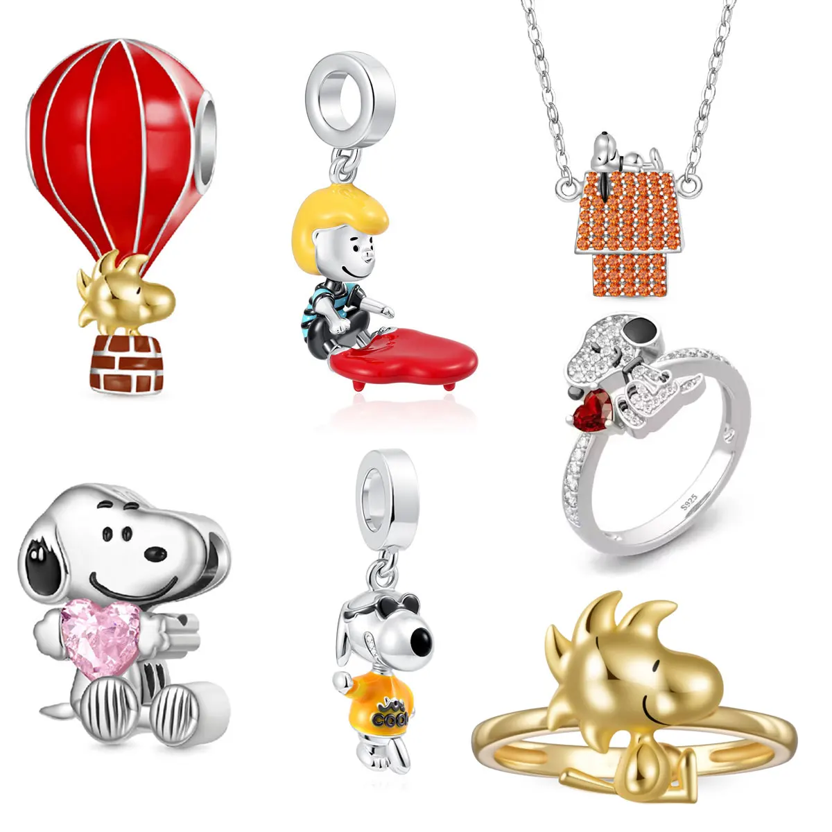 

MINISO Snoopy Heart Ring House Necklace Hot Air Balloon Pendant Original 925 Silver Charms For Diy Bracelets For Women