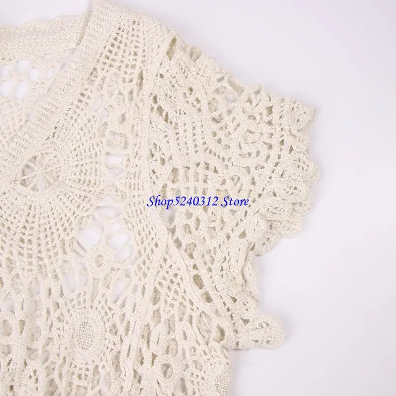 634C Women French Short Sleeve Lace Shrug Hollow Out Crochet Knit Bolero Cardigan V-Neck Button Down Sheer Crop for Jac