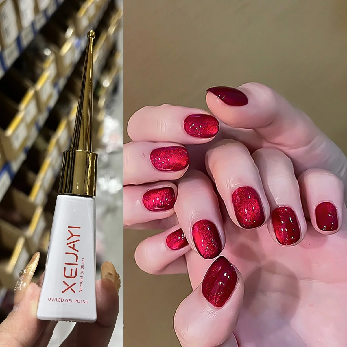 10ML 0.3oz Czerwony Lakier Hybrydowy do Paznokci Efekt Kociego Oka z Koralikami Szklanymi, Odblaskowy Magnetyczny Żel UV, Trwały Lakier do Paznokci, Efekt Sadzonego Paznokcia, Nail Art