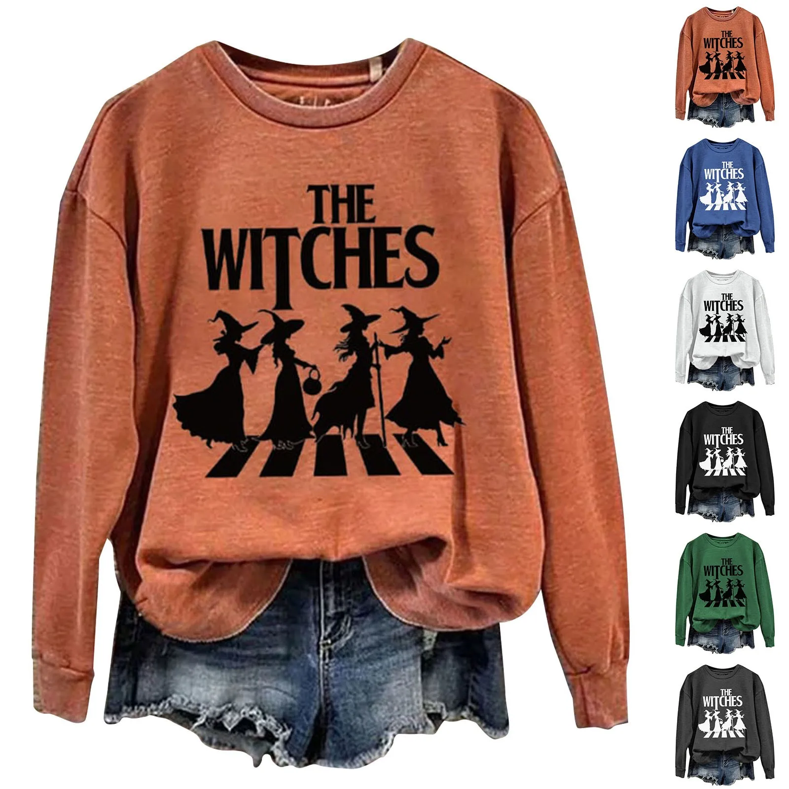 Women'S Fashion Casual Letter Halloween Printed Round Neck Long Sleeve Top Sweatshirt Four Happy Witch Print Comfy Pullovers