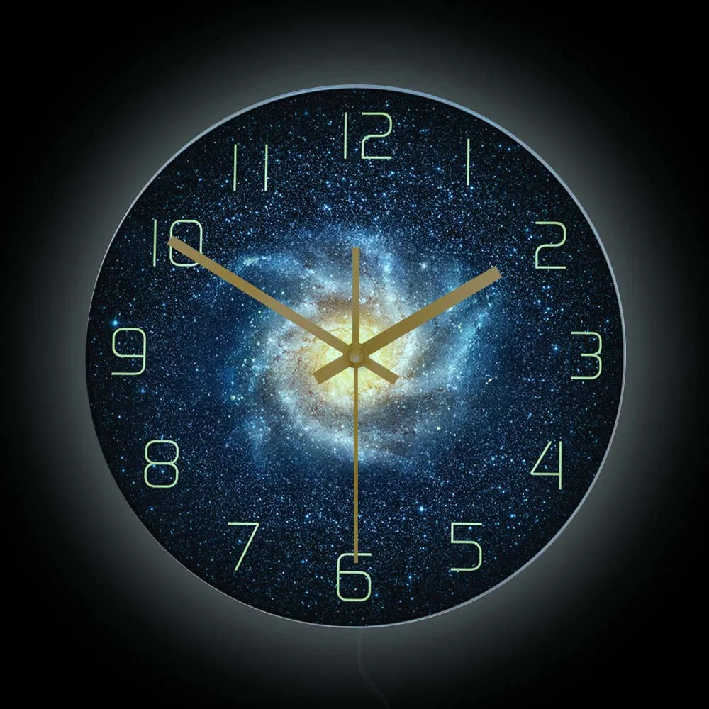 

Galaxy Outer Space Luminous Wall Clock Home Decor For Living Room Abstract Universe Astronomy Starry Night LED Nightlight Clock