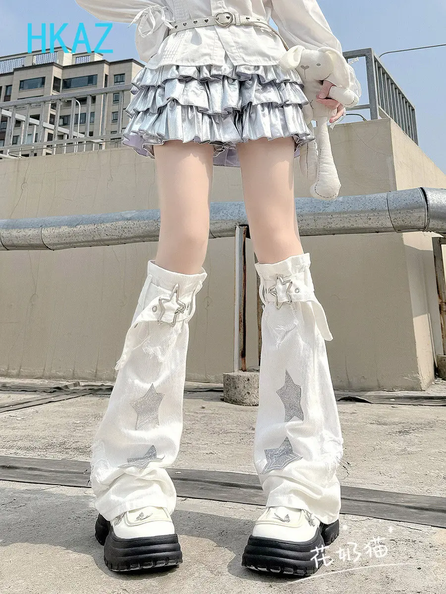 Star Leather Buckle Denim Leg Cover Y2k Sweet Cool Girl Leg Warmers Japanese Punk Subculture Medium Tube White Stacking Socks