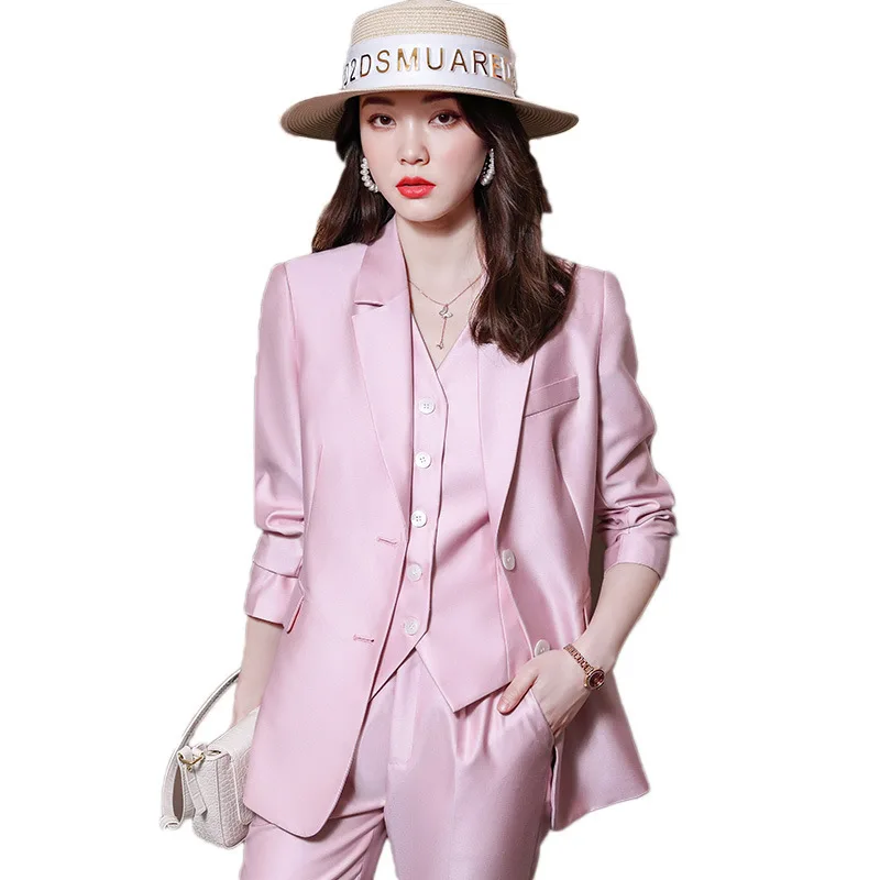 Fashion Elegant Pink High-End Small Business Suit Coat2022Autumn and Winter Elegant Vest Suit Three-Piece Korean Women\'s Clothin