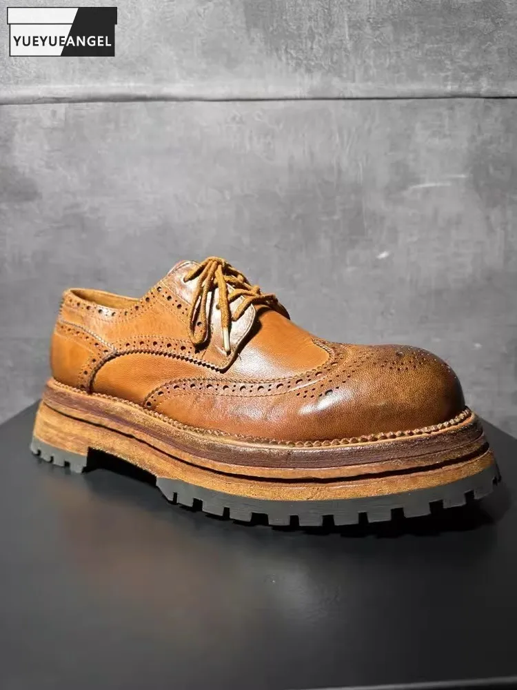 Handmade Design Style Vintage Horsehide Genuine Leather Brogue Shoes Men Thick Bottom Platform Derby Shoes Customized 15 Days