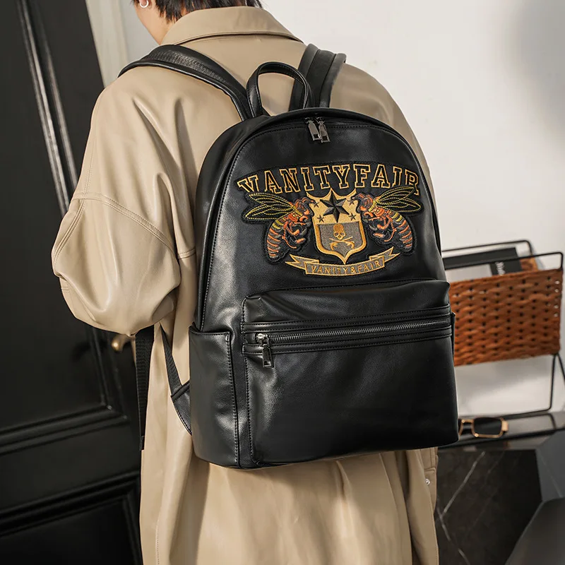 Embroideried Men Laptop Bags PU Leather Man Backpacks Fashion Male Travel Bagpack Men School Bags