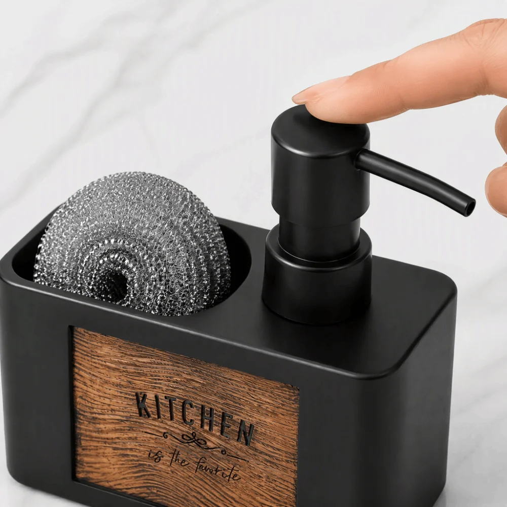 Durable Press Type Kitchen Soap Dispenser with Sponge Holder Refillable Manual Soap Pump Wood Grain Lotion Bottle Christmas Gift