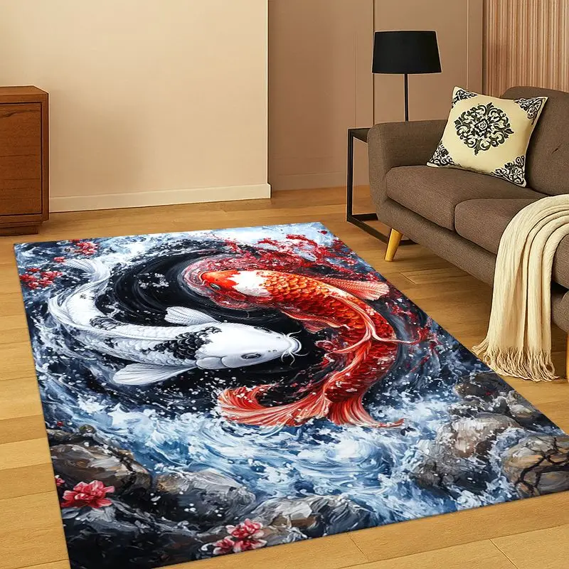 Tapete de Desenho Animado de Peixe Koi Yin Yang GOOD LUCK para Quarto, Sala de Estar, Sofá, Sala de Brincadeiras, Capacho, Decoração de Casa, Tapete Antiderrapante