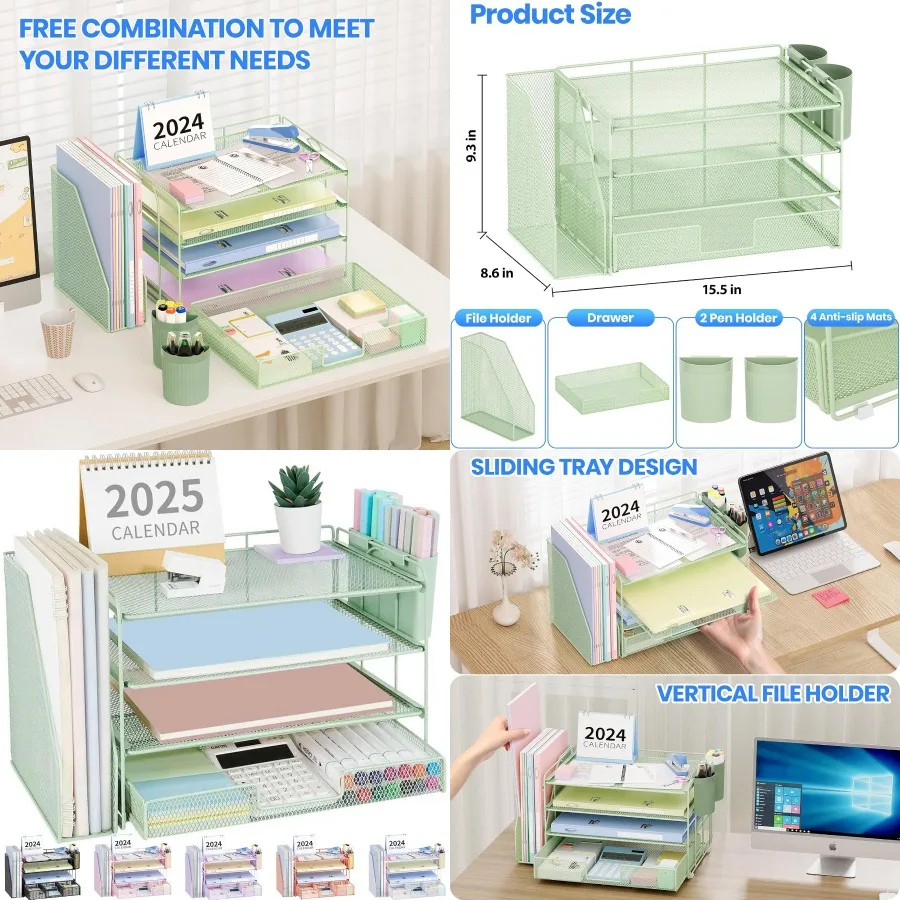 منظم ملفات سطح المكتب مكون من 4 طبقات مع درج وحاملين أقلام لتخزين اللوازم المكتبية ومنظم مساحة العمل الخضراء مع الممارسة #1