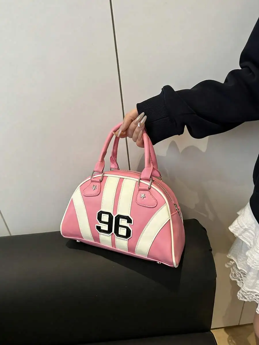 

Pink And Cream Varsity Dome Handbag With Bold 96 Patch, Star Accents, Dual Handles, PU Leather, Streetwear Aesthetic For Women