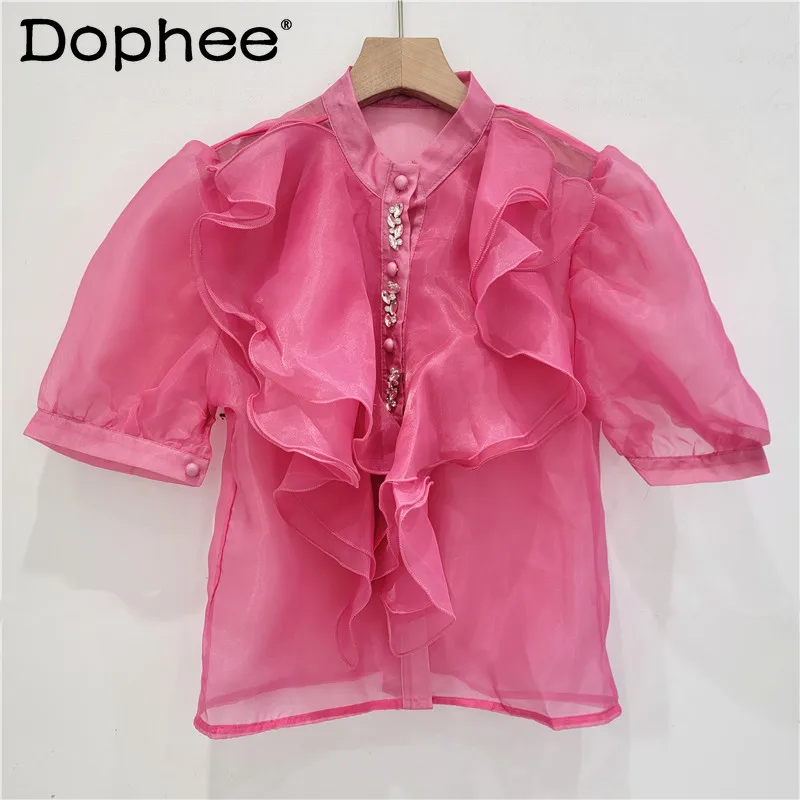 Sweet Refined Rhinestone Stand Collar Ruffle Chiffon Shirt for Women Summer Retro Puff Sleeve Mesh Versatile Temperament Shirt