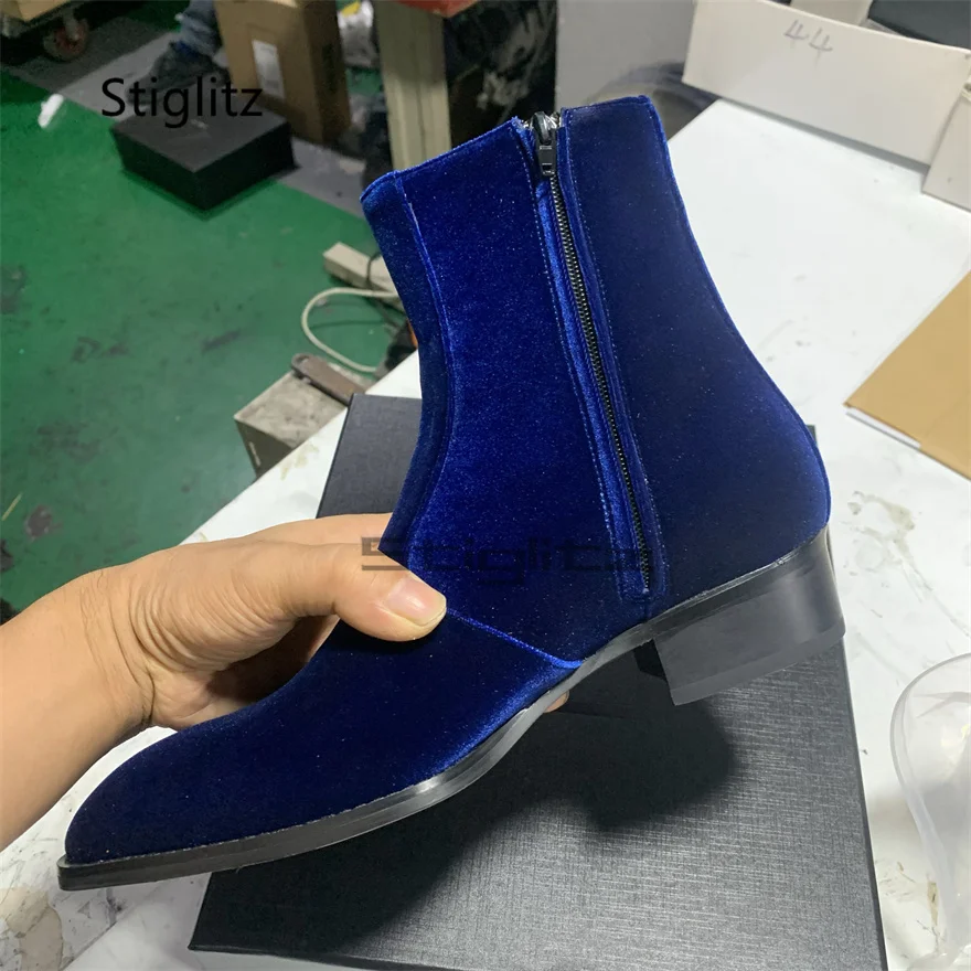 Blue Velvet Ankle Boots for Men Pointy Side Zip Chelsea Boots Trendy Med Heel Suede Handmade Fashion Business Party Shoes