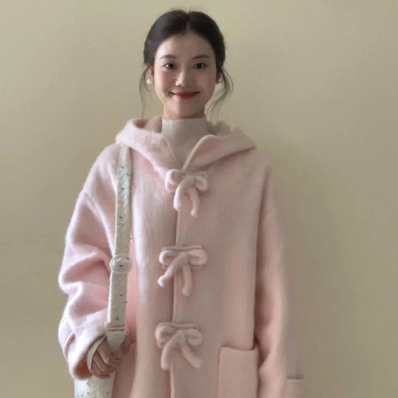 Outerwear Sweet Cute Youthful Pink Hooded Korean-style Coat Super Good-looking Mid-length Overcoat Women Autumn Winter Jacket