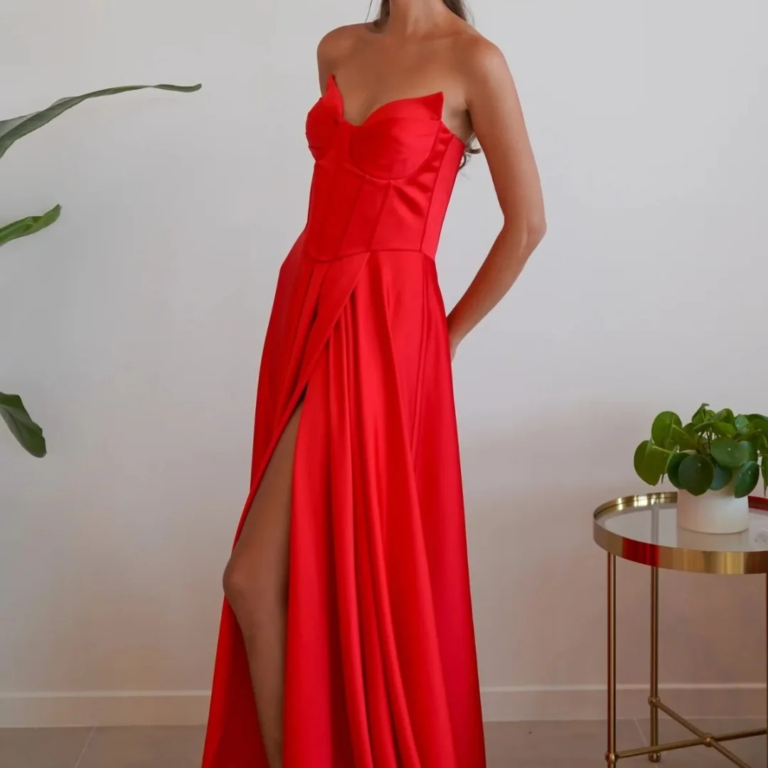 Bella personalizado vermelho sem alças espartilho cetim vestido longo robes de soirée alta fenda elegante vestidos de festa elegante vestido de baile 2025