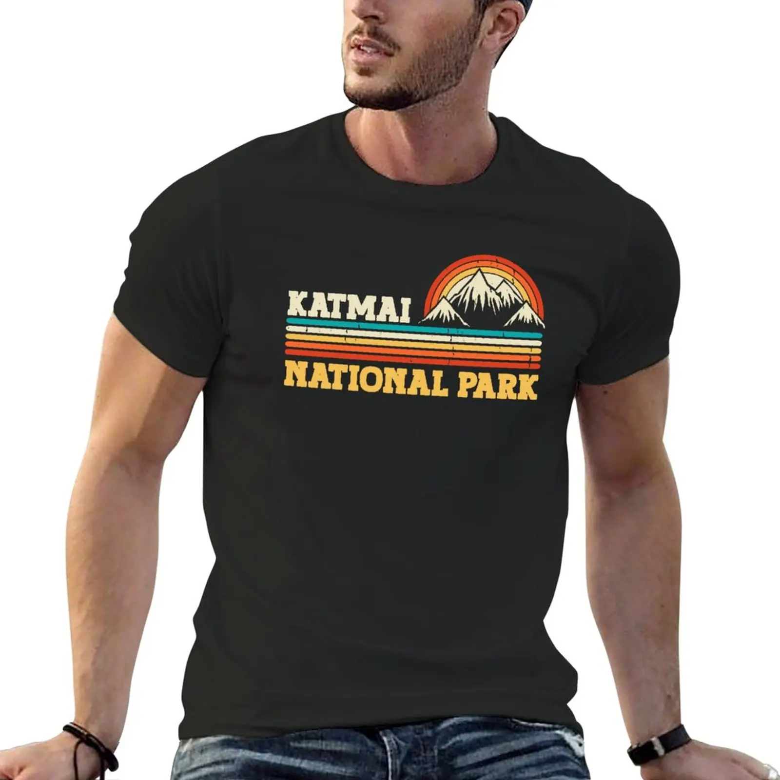 

New Katmai National Park Alaska Mountain Trees & Sun Camping Hiking T-Shirt man clothes mens workout shirts