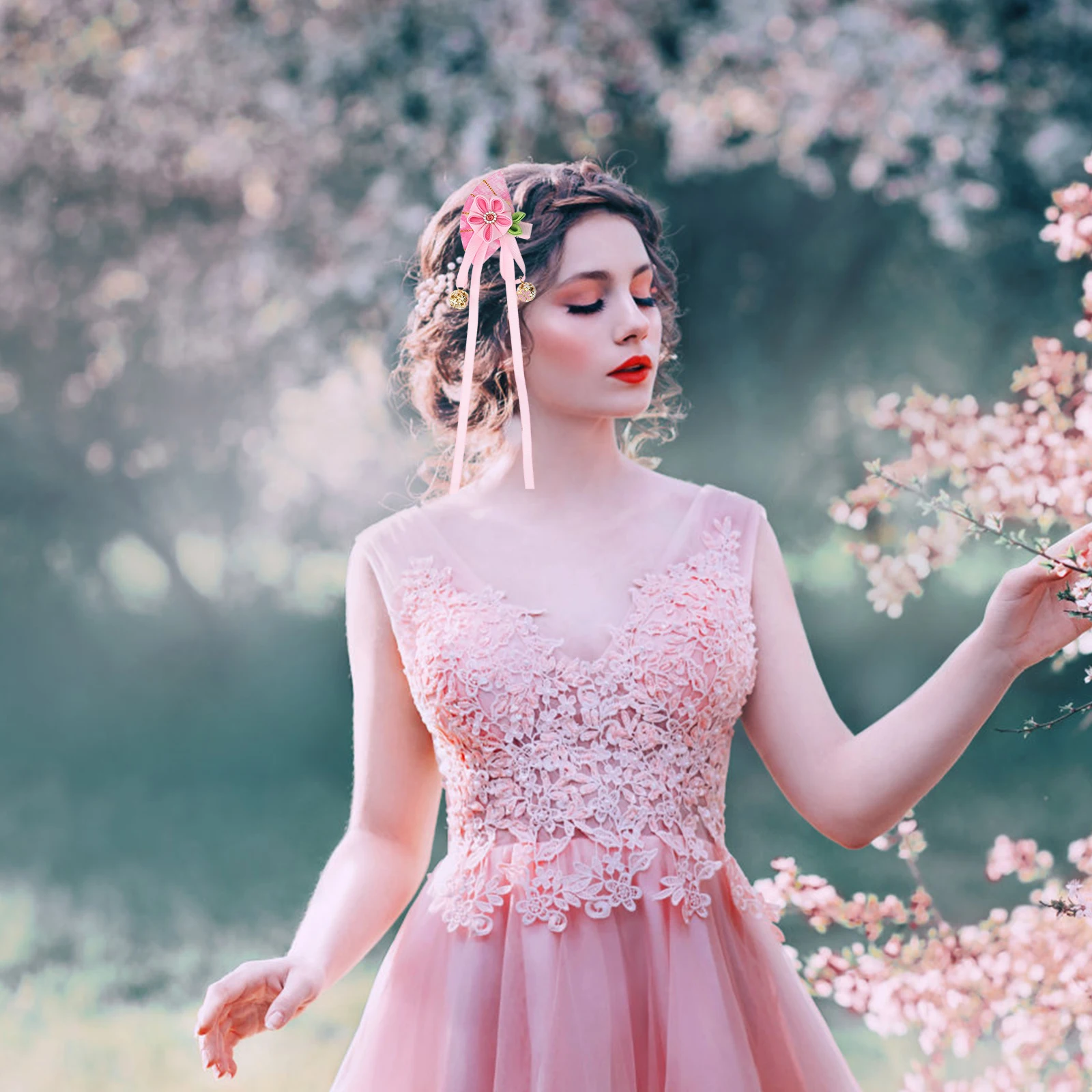 

2Pcs Cherry Clips Pink Girls Cheongsam Hairpin Accessories Fan Design Everyday Performance Wedding Party Hair