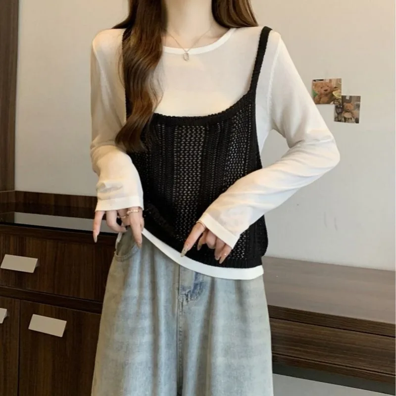 

2025 новый стильный полый вязаный камзол, женский осенний тонкий, слегка прозрачный, многослойный жилет, топ