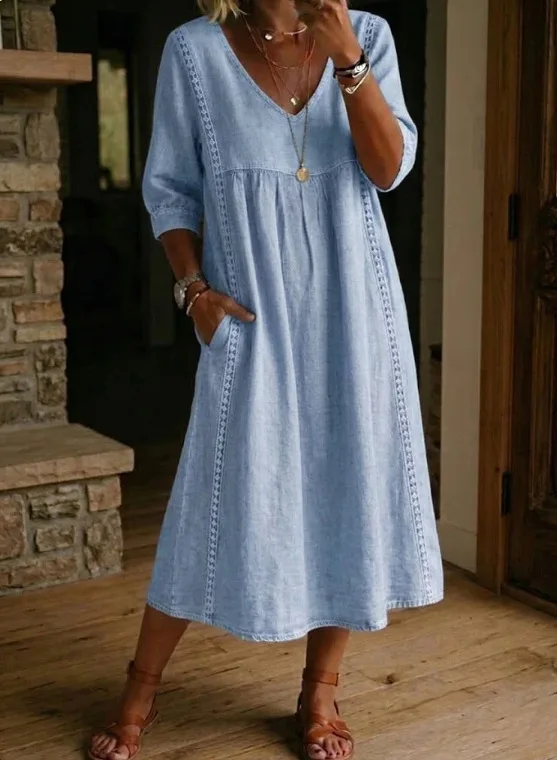 Damenkleid aus Leinenmischung in Unifarbe, Modisches V-Ausschnitt-Design, Halbe Ärmel, Taschen, Spitzen-Patchwork, Locker Geschnitten, Lässiges Sommerkleid im A-Linien-Stil