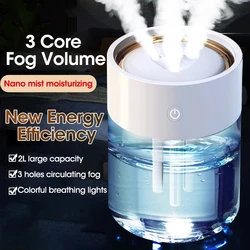 USB Air Humidifier For Home Ultrasonic Essenti OIL Diffus Aroma 2L Large Capacity 3 Nozzle Heavy Fog Air Purifier With LED Lamp