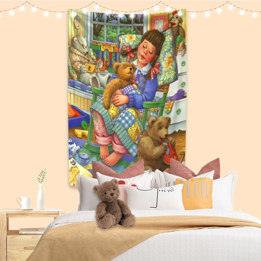 Vintage Illustration Tapestry Teddy Bear Printed Large Fabric Of Home Decor Wall Hanging Bedroom Backdrop Sofa Blanket