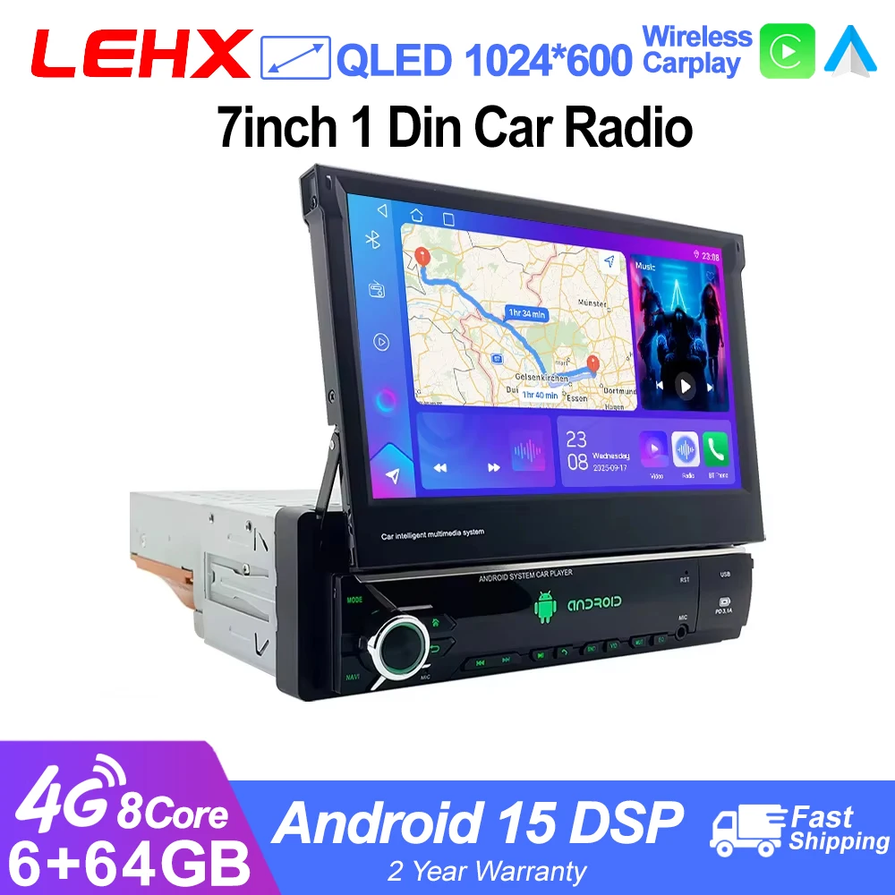 LEHX Universal 1 Din Android 15 راديو السيارة 7 "QLED شاشة قابلة للسحب مشغل وسائط متعددة ستيريو GPS 4G Carplay 1din Autoradio