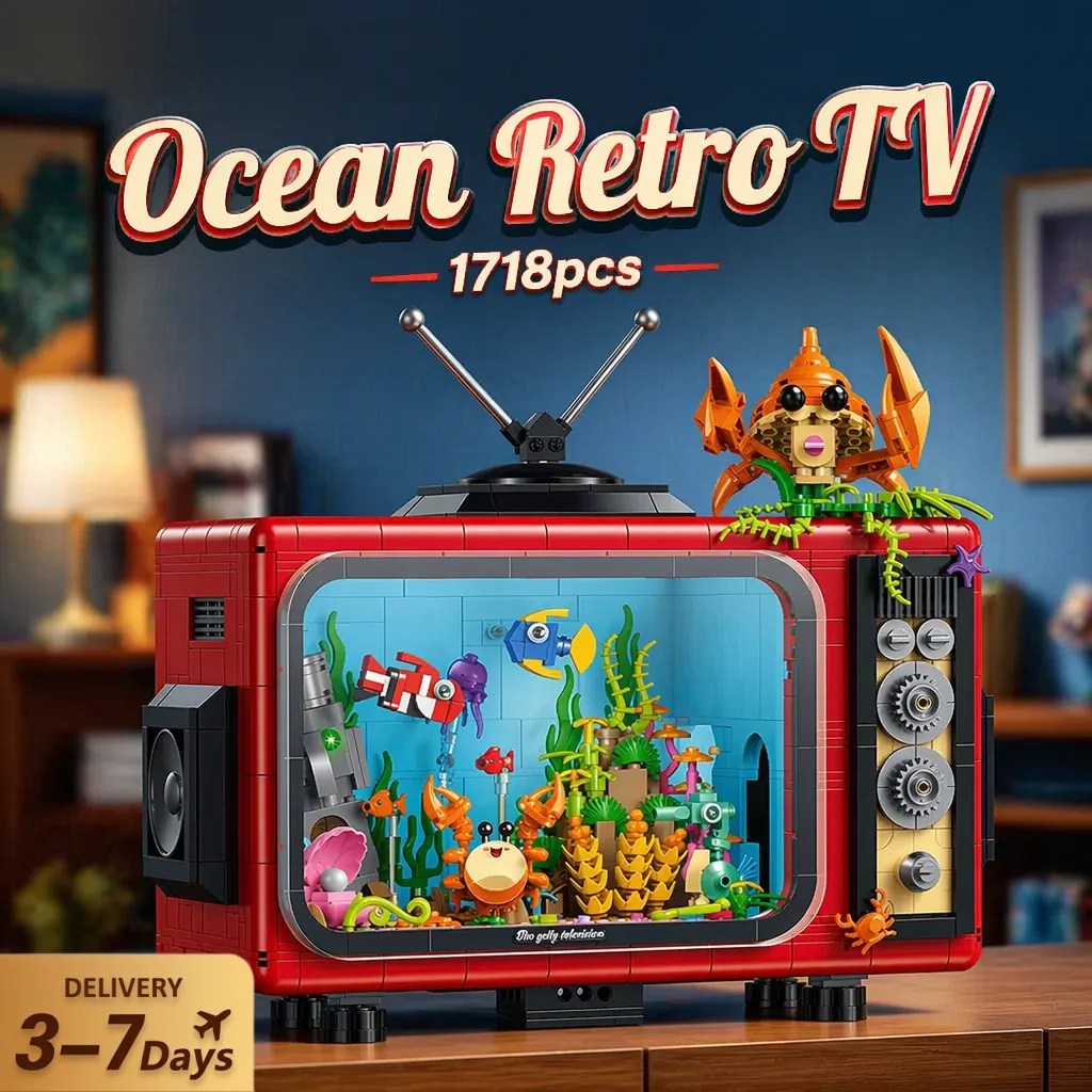 1718-teiliges Ozean-Retro-TV-Bausteinset Kreatives Seewelt-Meerestiere-Fernsehmodell-Bausatz Spielzeug für Erwachsene Geschenke